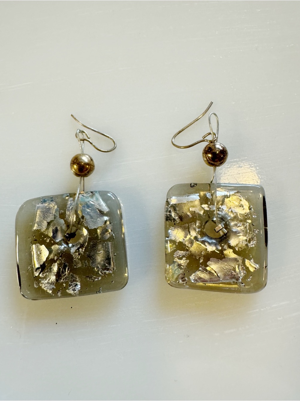 Square Art Glass Foil Earrings - Geometric Silver, Grey, Gold Brass